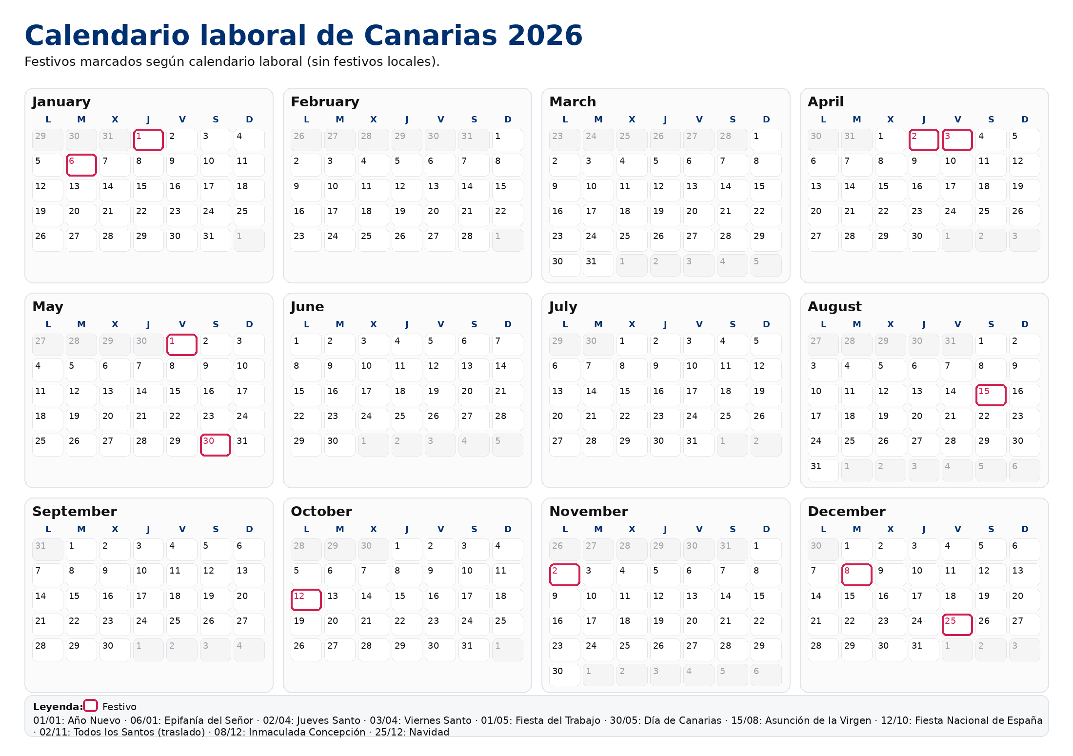 Calendario laboral Canarias 2026 con festivos marcados